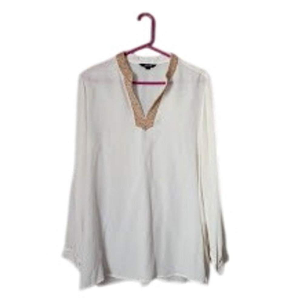 LANDS' END Silk Tunic‎ Blouse Ivory Gold Beaded V-Neck Resort Old Money 14